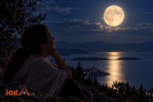 Žena meditativno posmatra pun Mesec iznad jezera