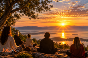 Grupa ljudi meditira posmatrajući izlazak Sunca iznad jezera